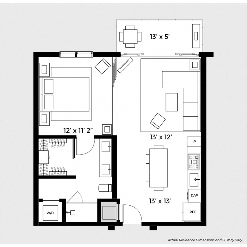 Floor plan for 1 bed, 1 bath, 665 sqft